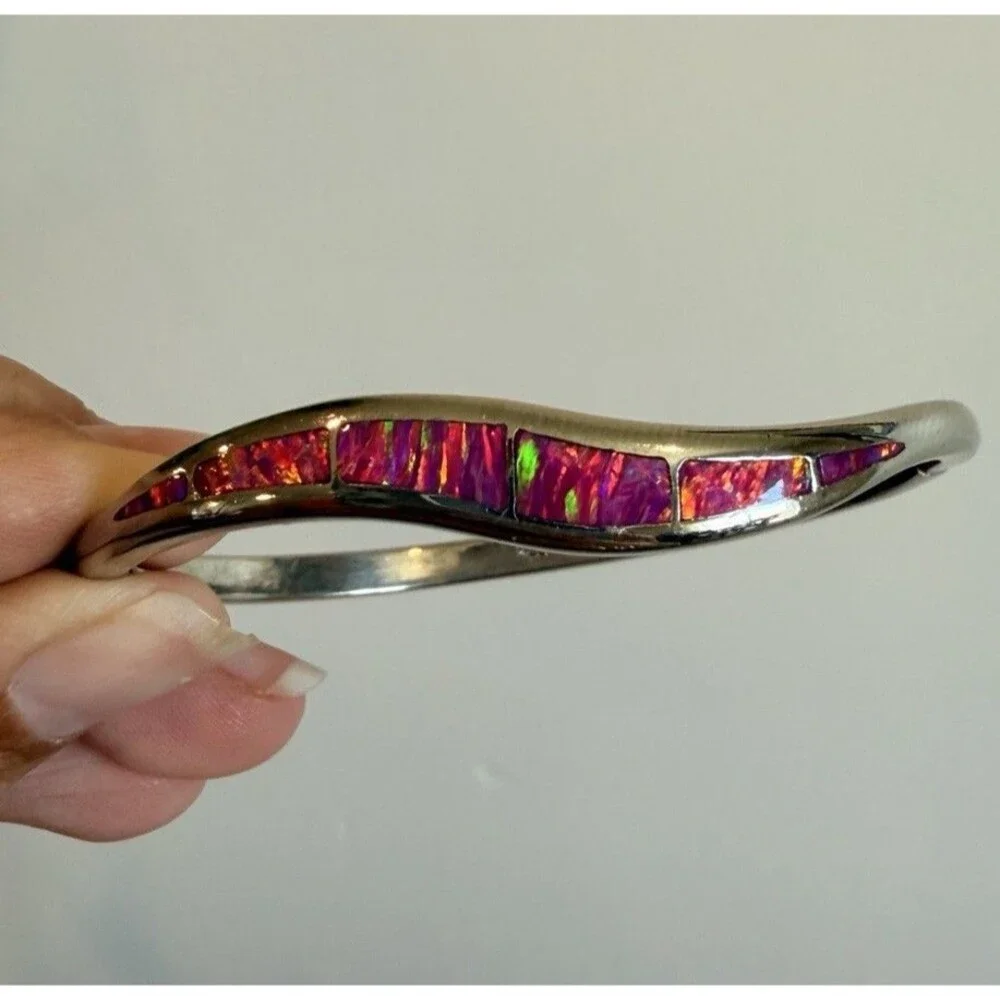 Vintage Sterling Silver Mexico Hinged Fire Opal Inlay Bracelet 7”